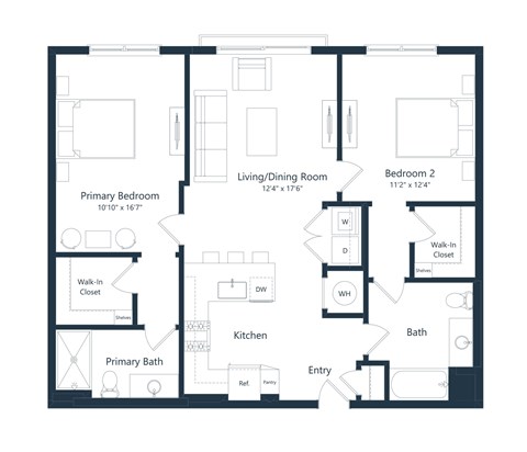 Floor plan for 2 beds, 2 baths, 1035 sqft